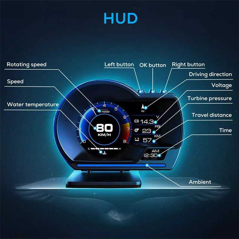 Universal OBD2 GPS Speedometer Head Up Display HUD P6 Multi Function Gauge for Water Temperature Turbo Pressure Car Accessories